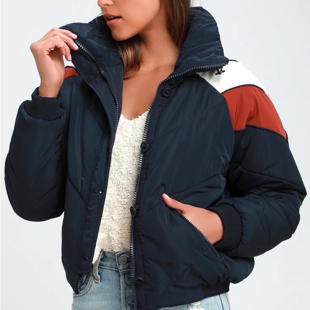 Free People Heidi Navy Blue Striped Puffer Jacket